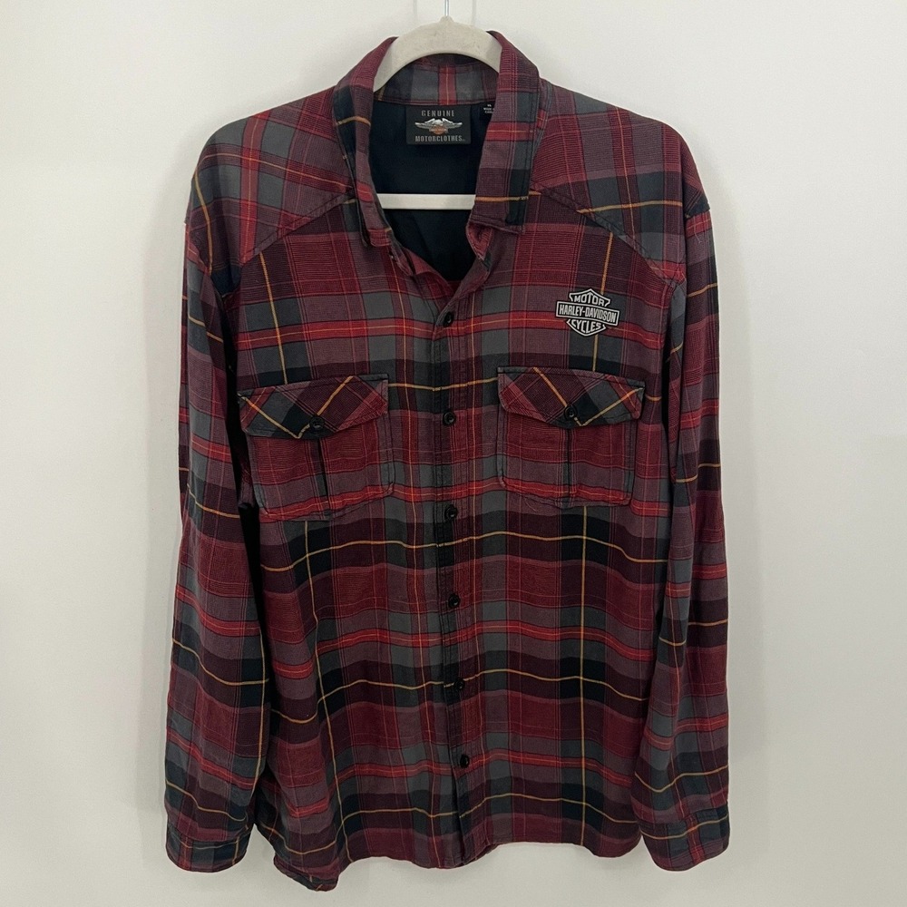 Harley-Davidson Mens XL Red Plaid Flannel Long Sleeve Western Button Up Shirt - Picture 1 of 10